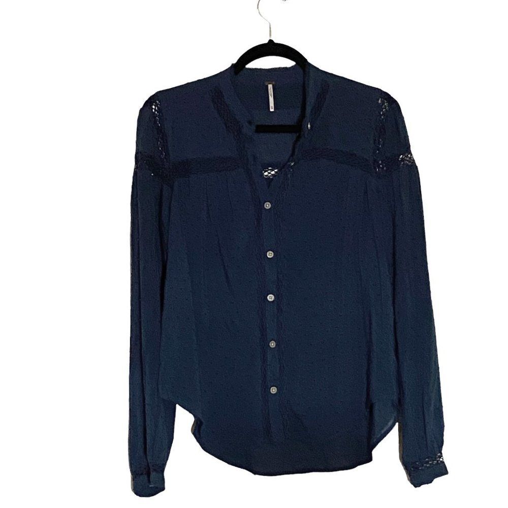 Free People Blue Semi Sheer Button Down Lace Blouse Top